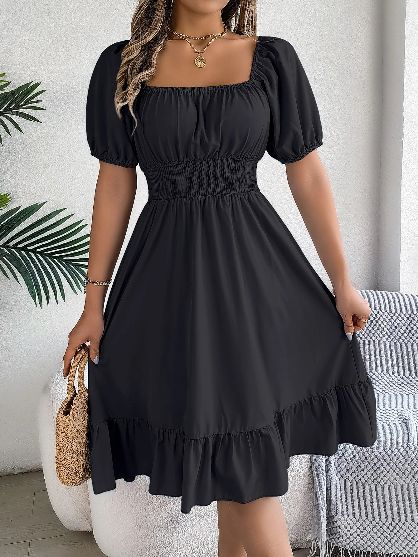 Puff Sleeve Square Neck Dress