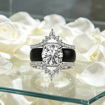 3pcs Pear Shaped Diamond Simulant Crown Black Silicone Ring Set