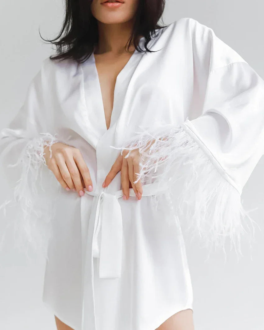 Feather Bathrobes Satin Sexy Robe