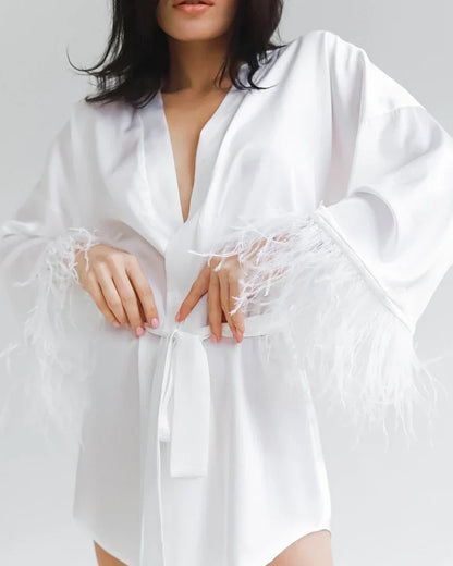 Feather Bathrobes Satin Sexy Robe