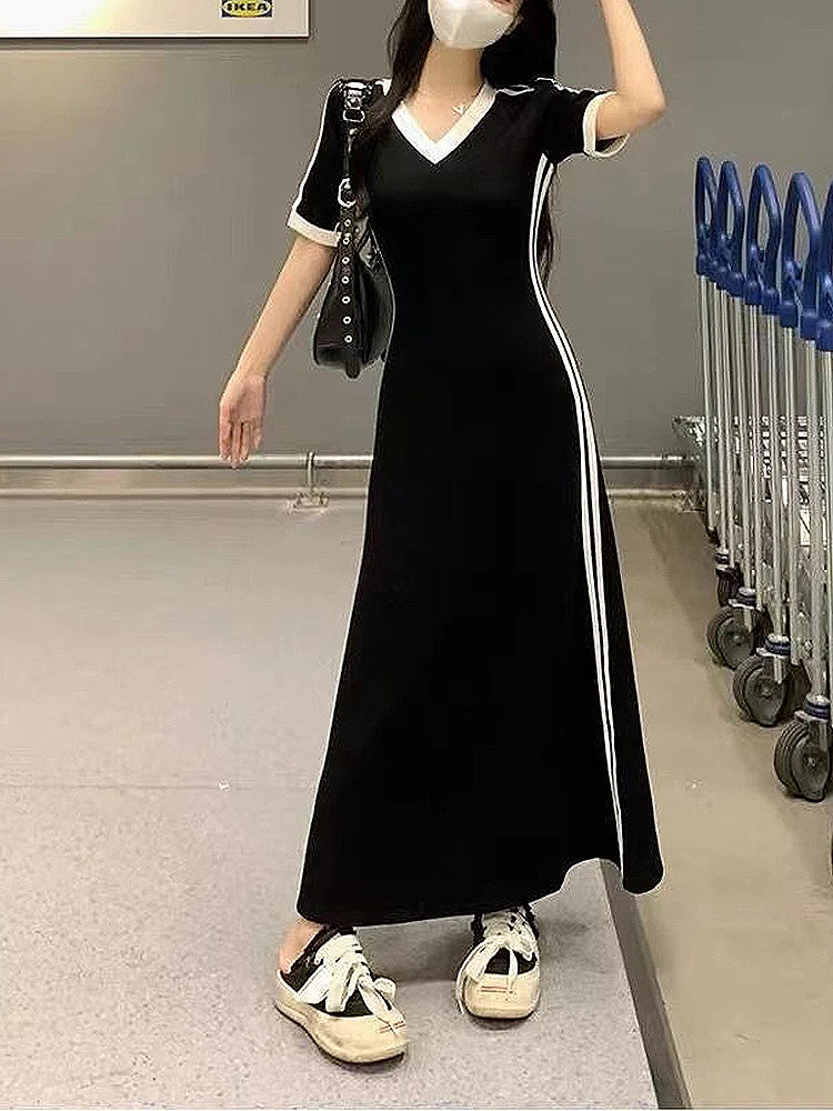 Midi Black Vintage Korean Style Elastic Long Sleeved Sports Dress