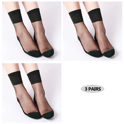 3 Pairs Ultrathin Transparent Glitter Crystal Glass Silk Socks