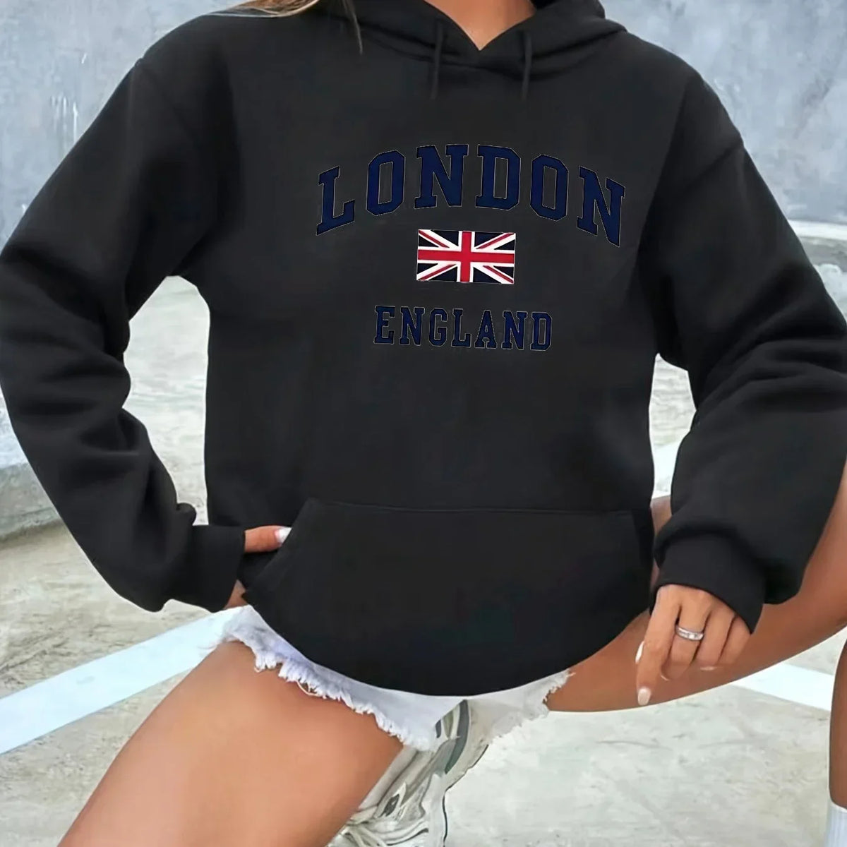Casual Loose London England Print Hooded Long Sleeved Warm Pullover
