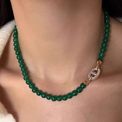 100% Natural Green Chalcedony 14K Gold Necklace