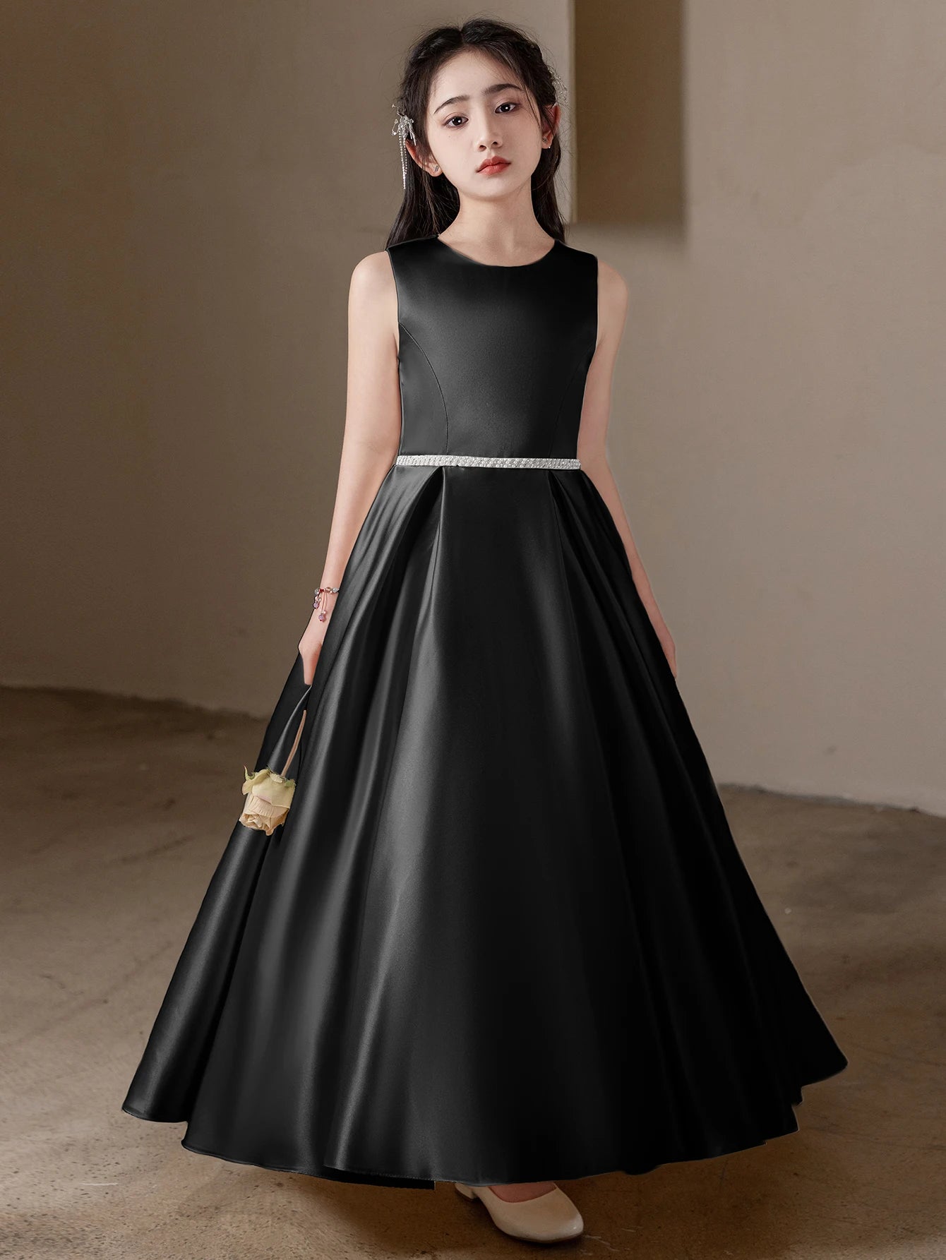 Black Long Dress For Teenage Big Bow Bridesmaid Dress
