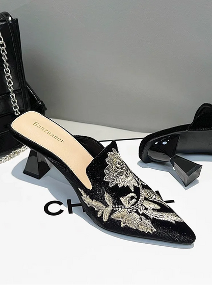 Elegant Velvet Mule Heels Pointed Toe Cone Heel Shoes