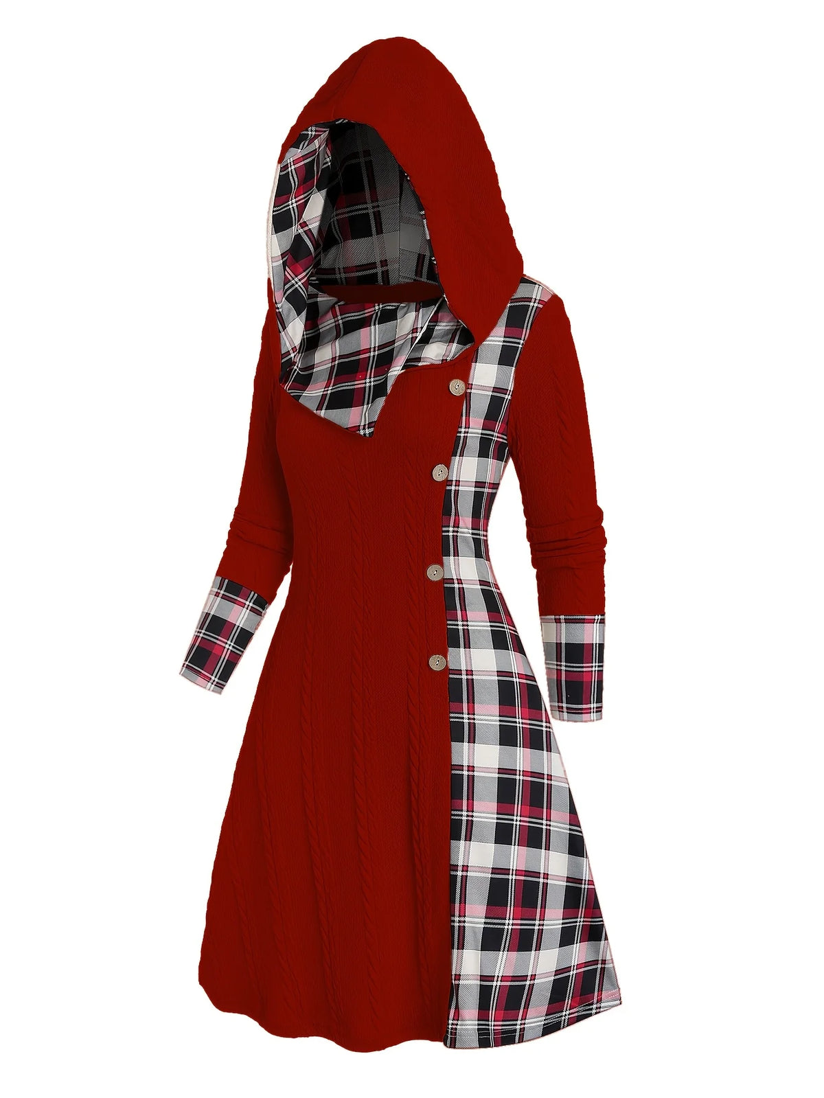 Knitted hooded plaid print stitching fake buckle high waist long sleeve dress