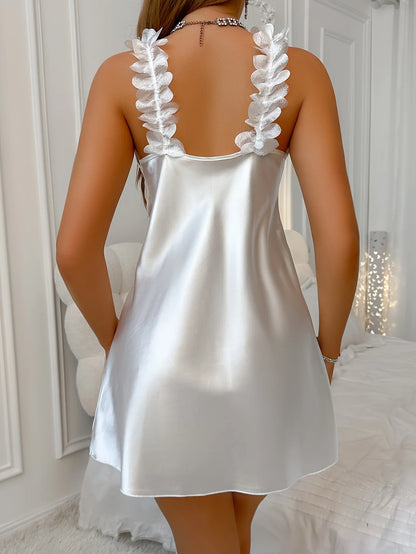 Lace Silk Satin Sensual Deep V Backless Split Slip Sleep Dress Pajamas