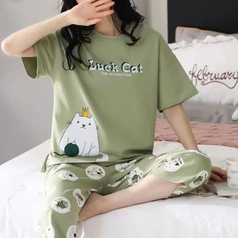 Plus Size Silk Sleepwear Short-Sleeved Pajamas
