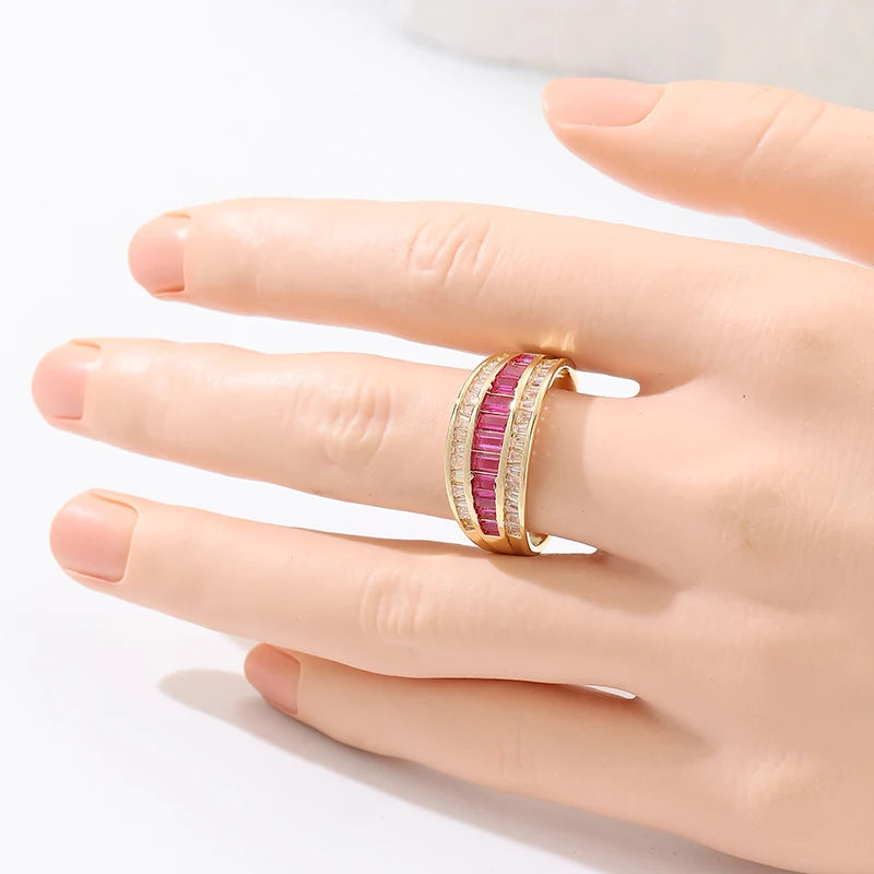Elegant Inlaid White Pink CZ Exquisite Gold Geometry Rings