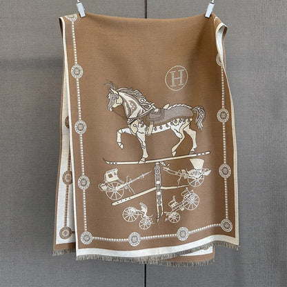 Elegante chal de cachemir con estampado de caballos
