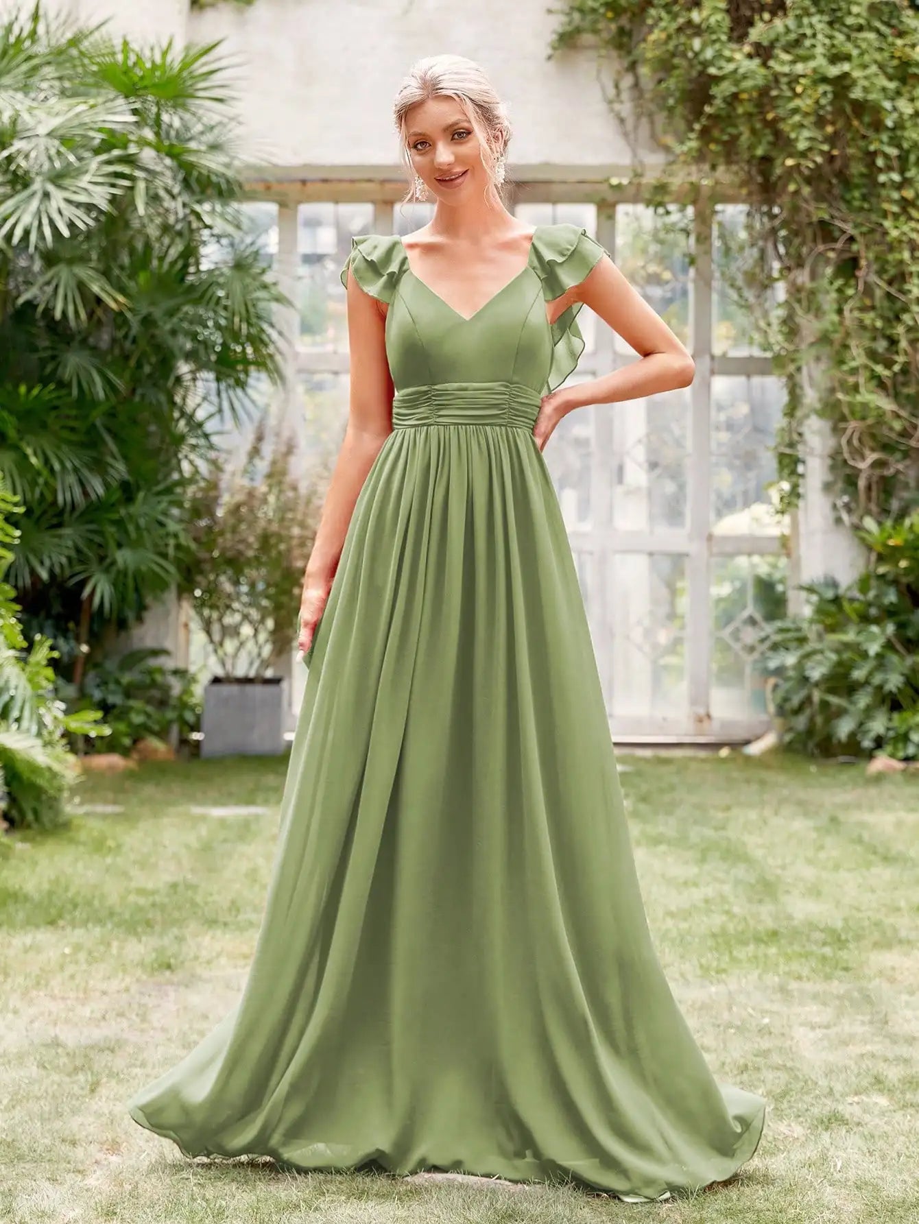 Mgiacy V-neck cap sleeve ruffle lace Extra long evening gown Ball dress