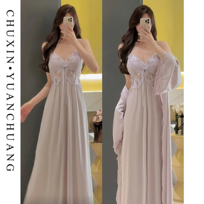 French Romantic Long Strap Sleep Silk Elegant Sleepwear Set