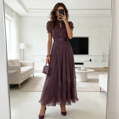 Elegant Chiffon Lace Trim Midi Stand Collar Neck Puff Sleeve Cinched Casual Dresses