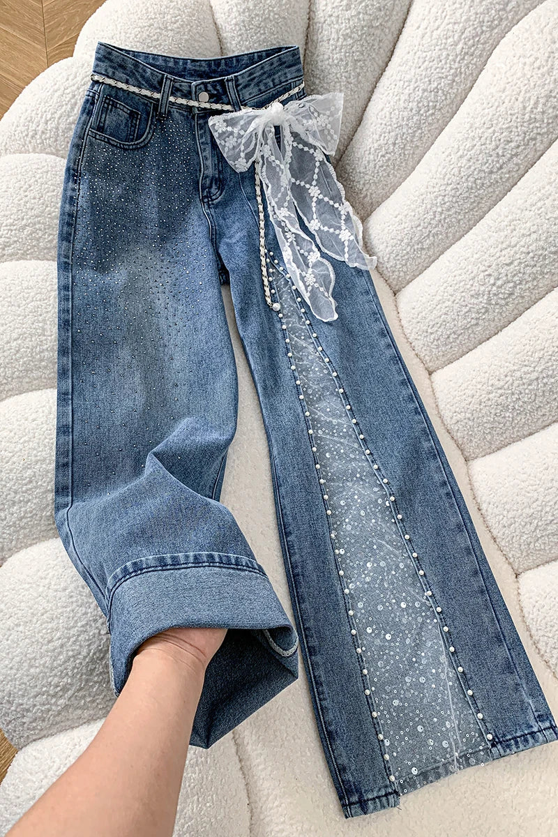 Baggy Jeans Flare Lace Applique Crystal Wide Leg Pearl Slit Pants