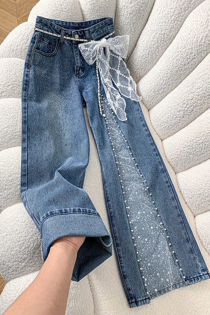 Baggy Jeans Flare Lace Applique Crystal Wide Leg Pearl Slit Pants