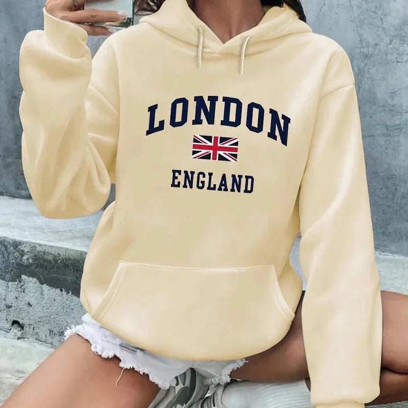 Casual Loose London England Print Hooded Long Sleeved Warm Pullover