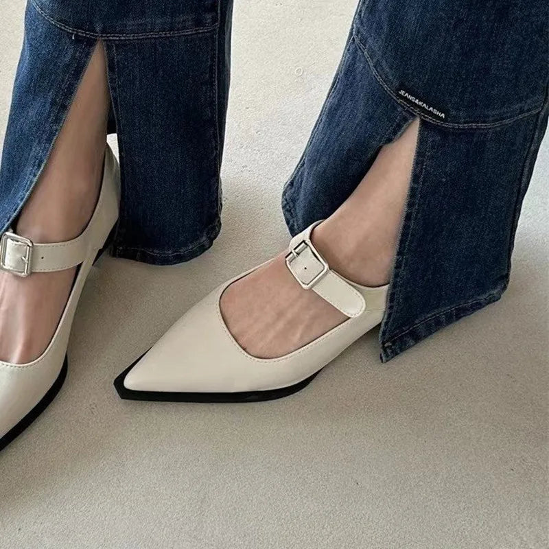 Mary Jane Belt Buckle Medium Heel Small Leather Shoes