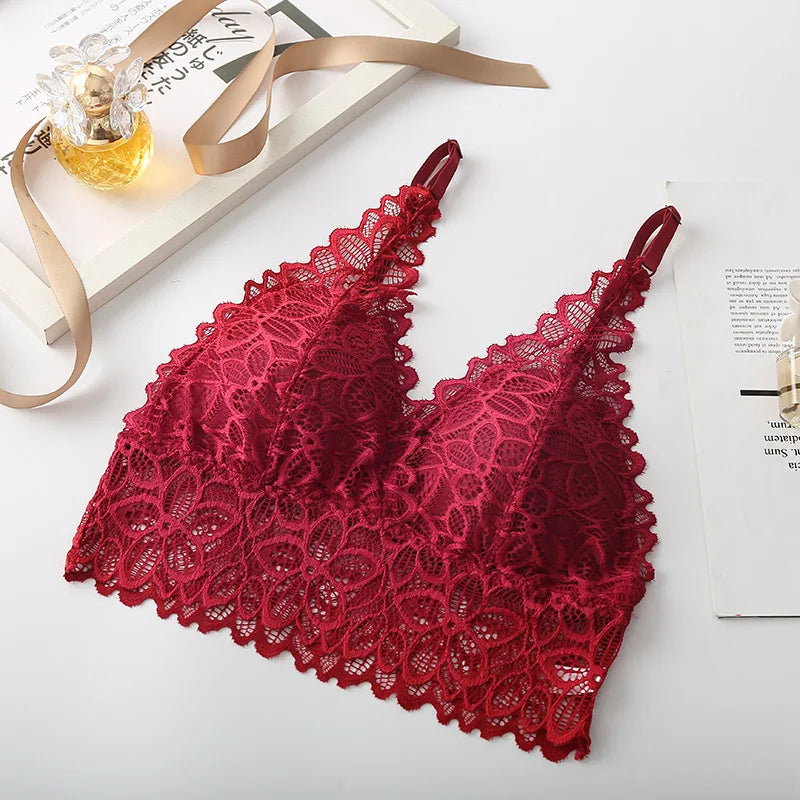 Floral Lace V Neck Bralette Adjustable Thin Straps Wireless Lace Bra