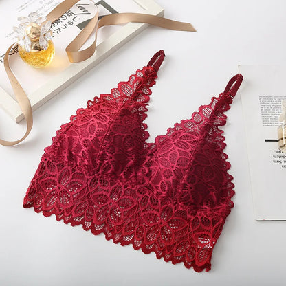 Floral Lace V Neck Bralette Adjustable Thin Straps Wireless Lace Bra