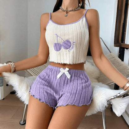 Simple Ground Wool Halter Vest Shorts Set
