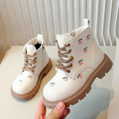 Ankle Sweet Embroider Spring Autumn Leather Boots