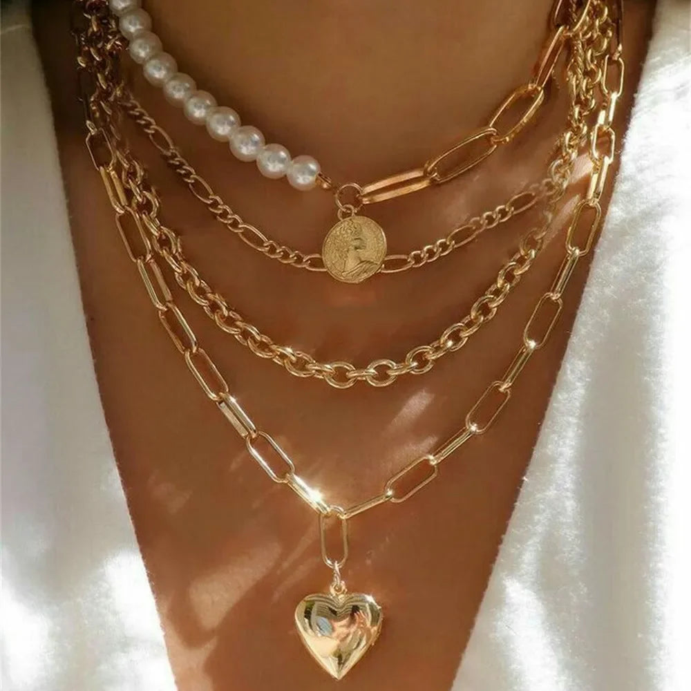 Vintage Punk Gold-plate Thick Chain Head Portrait Coin Pendant Necklace