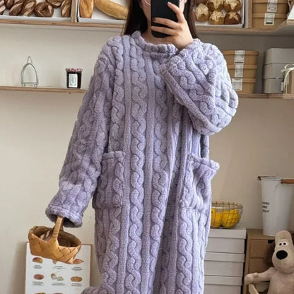 Long Sleeve Double Pocket Thickened Warm Nightdress