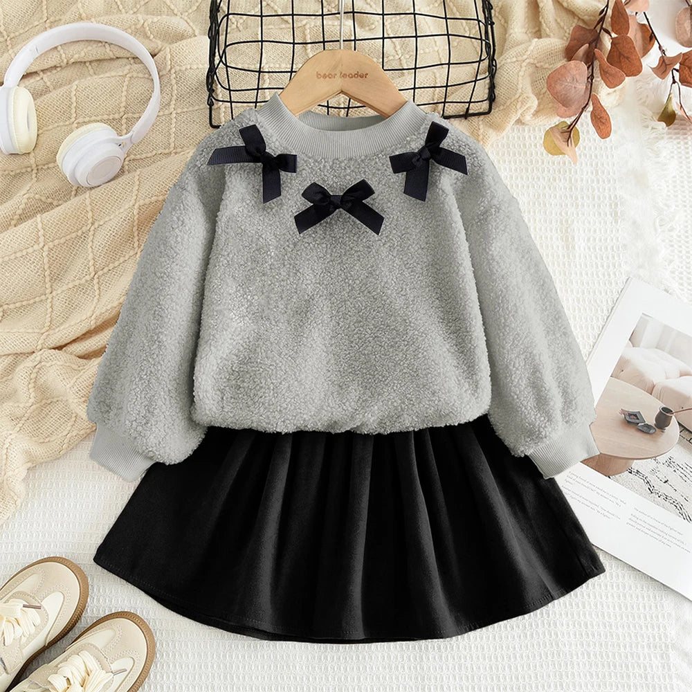 College Style Bow Long Sleeve Plush Top + Short Skirt Sets