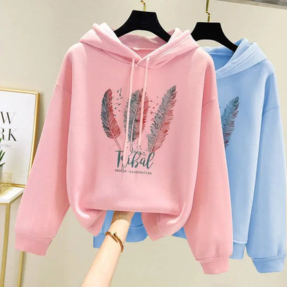 Feather Printed Hoodies Casual Loose pullover