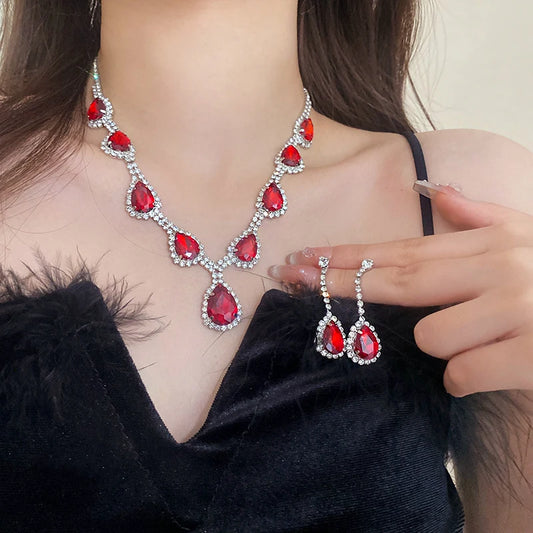 Inlaid Red Rhinestone Necklace Earring Set