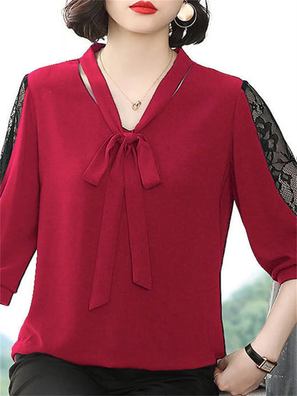 Bow Tie Colloar Half Lace Sleeve Loose Blouses