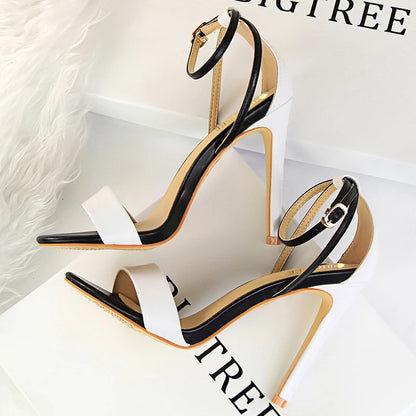 Black-White Concise Leather 11cm High Heels Sandals