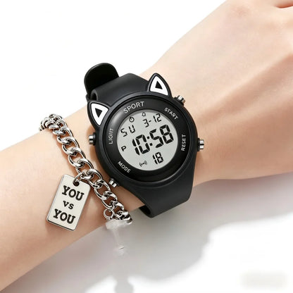 Cat-Ear Kids Watch with Bracelet Waterproof Digital Watch LED Wristwatch