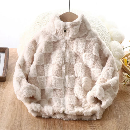 Plaid Pattern Fleece Coat Thick Cardigan with Zipper Stand Cozy Winter Coat