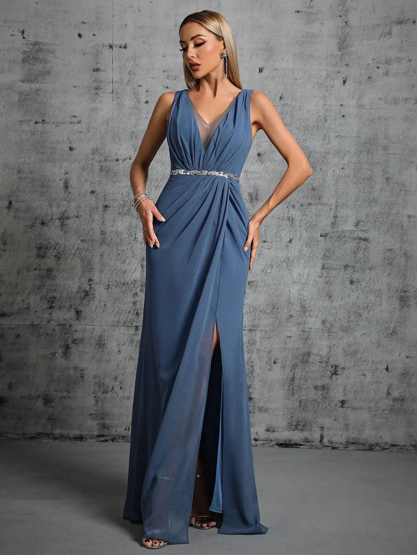 Mgiacy Shoulder silver sequin belt pleated chiffon slit skirt Dress