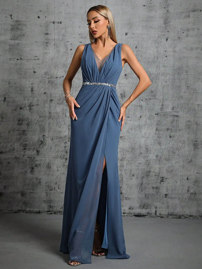 Mgiacy Shoulder silver sequin belt pleated chiffon slit skirt Dress