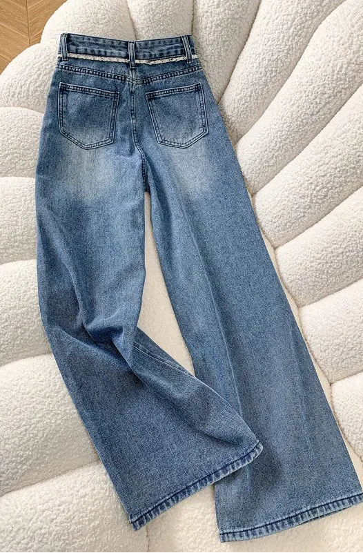 Baggy Jeans Flare Lace Applique Crystal Wide Leg Pearl Slit Pants