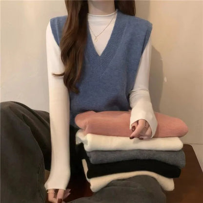 V-neck Knitted Vest Vintage Sleeveless Sweater Waistcoat Korean Chic