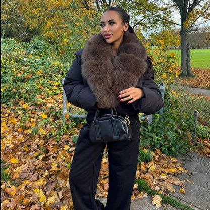 Luxury Thick Faux Fox Fur Collar Cropped Puffer Oversized Jacket