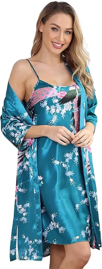 Floral Satin Kimono Robe and Nightgown Bathrobe Set
