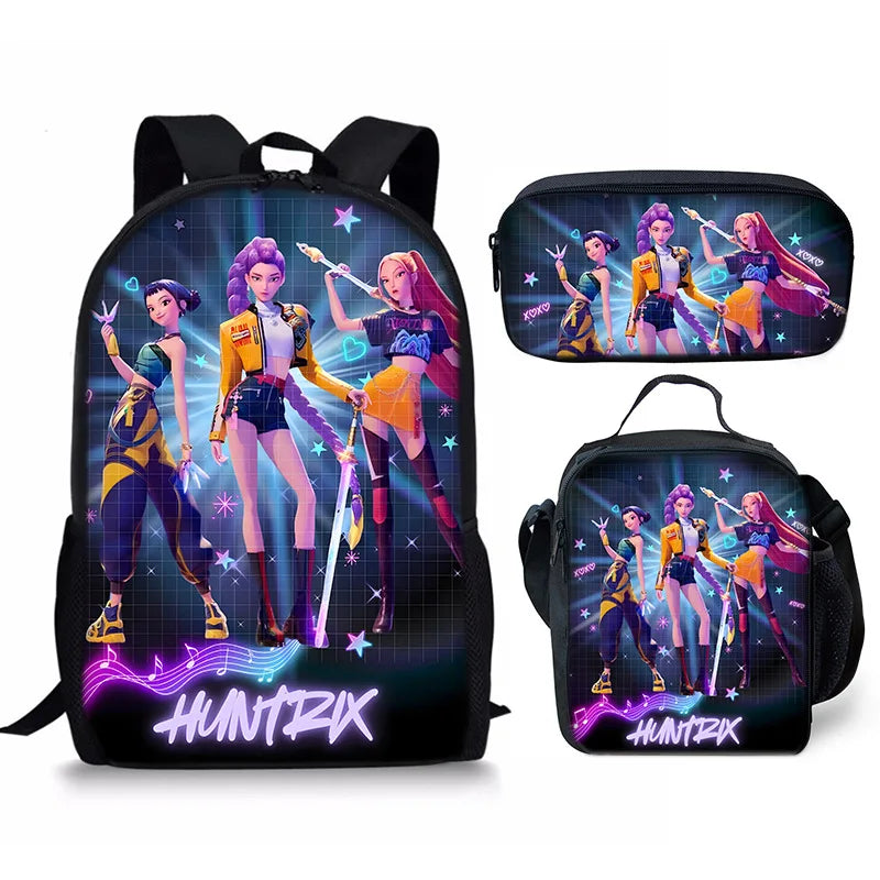 KPop Demon Hunters School Bags Backpack With Lunch Bag & Pencil Bag
