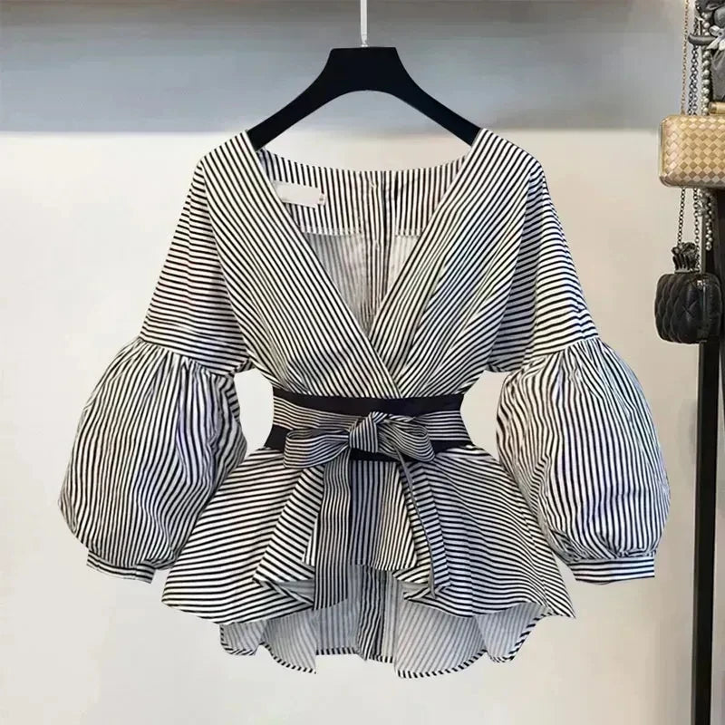 Lantern Sleeve Bow Slim Chiffon Shirt Set