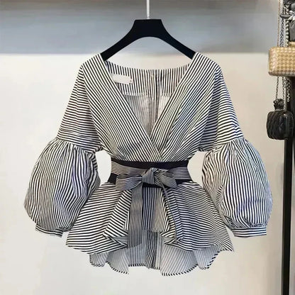 Lantern Sleeve Bow Slim Chiffon Shirt Set