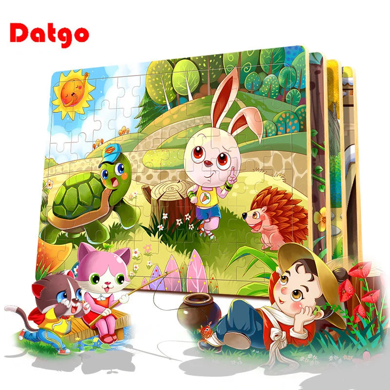 60Pcs Cartoon Wooden Puzzle Children Animal Vehicle Toys