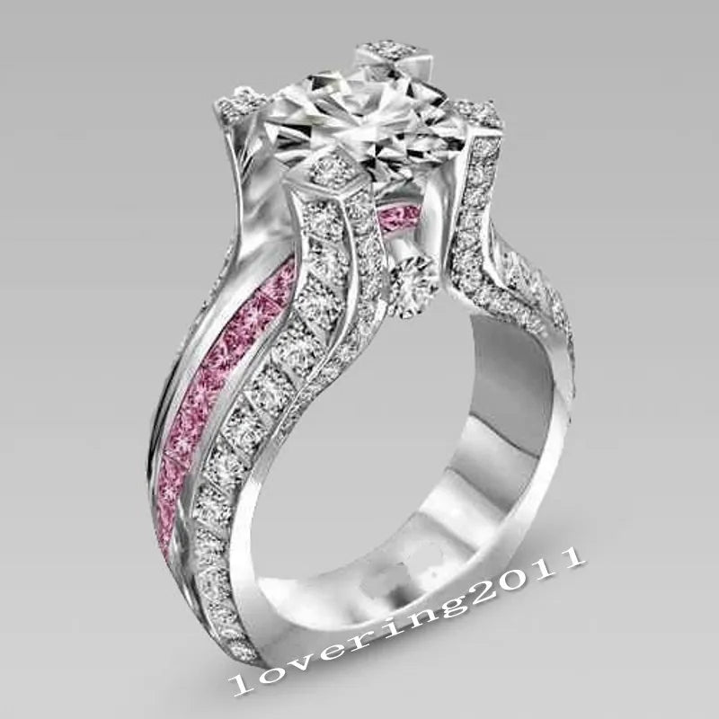14K White Gold Vintage Lovers Grown Pink Diamond Ring Set