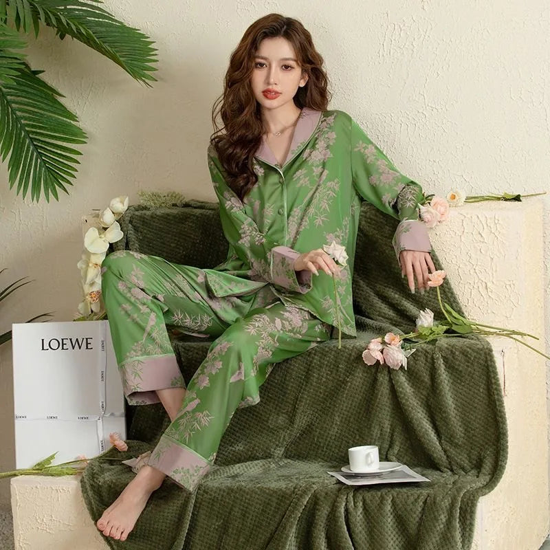 Large Collar Cardigan Home Wear Long-Sleeved Ice Silk Sleepwear Pajama Sets