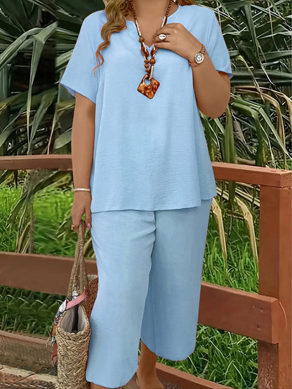 Plus size casual elegant short-sleeved top and wide-leg pants