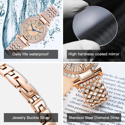 Full Diamond Waterproof Roman Scale Steel Belt Quartz Watch