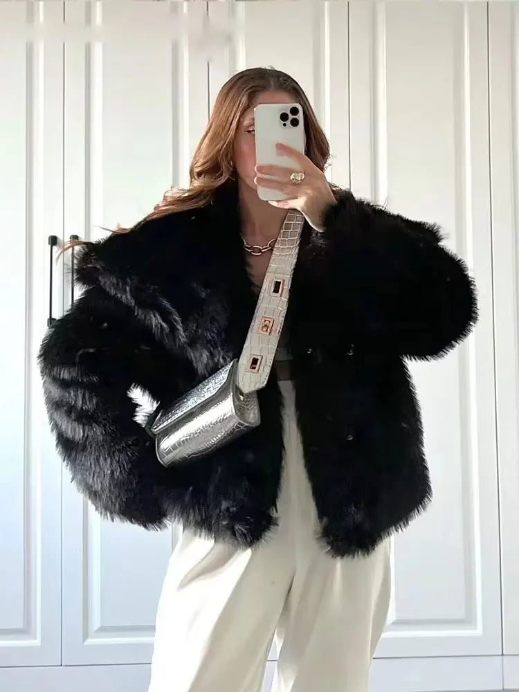 Elegant Faux Fur Warm Fluffy Loose Long Sleeve Lapel Jacket
